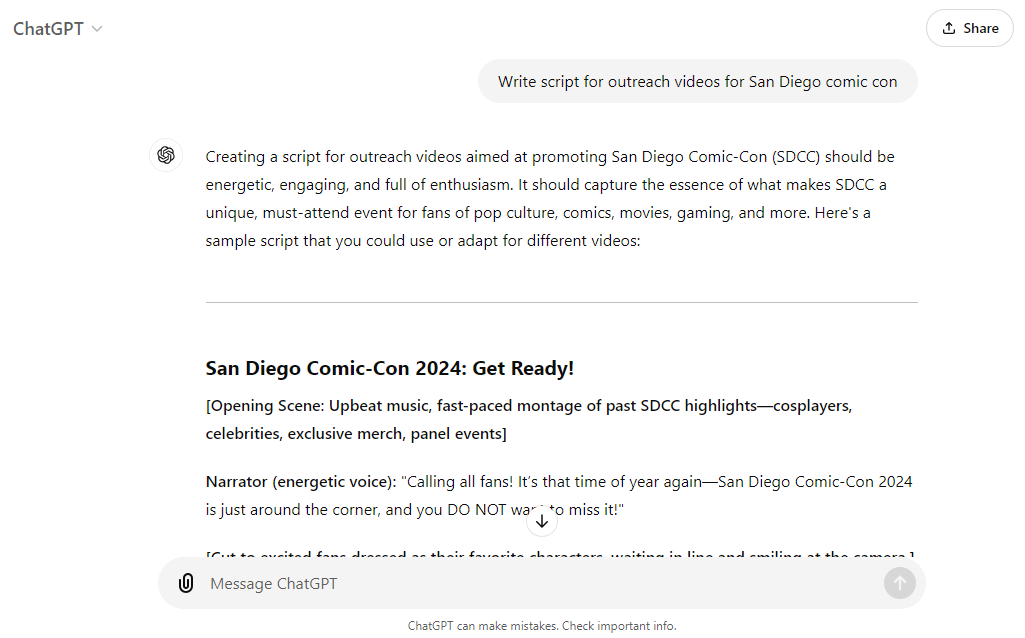 ChatGPT results with prompt to generate promotional content for San  Diego Comic-Con