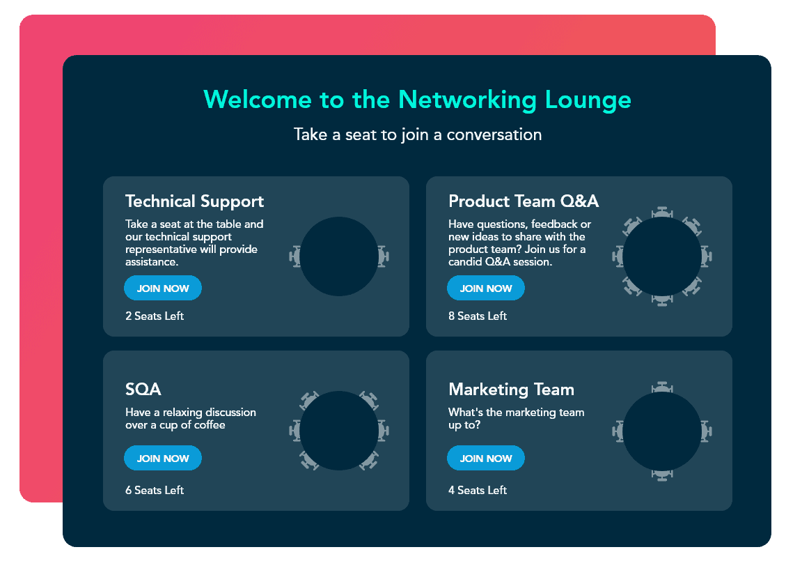 Virtual networking lounge with various conversations to join