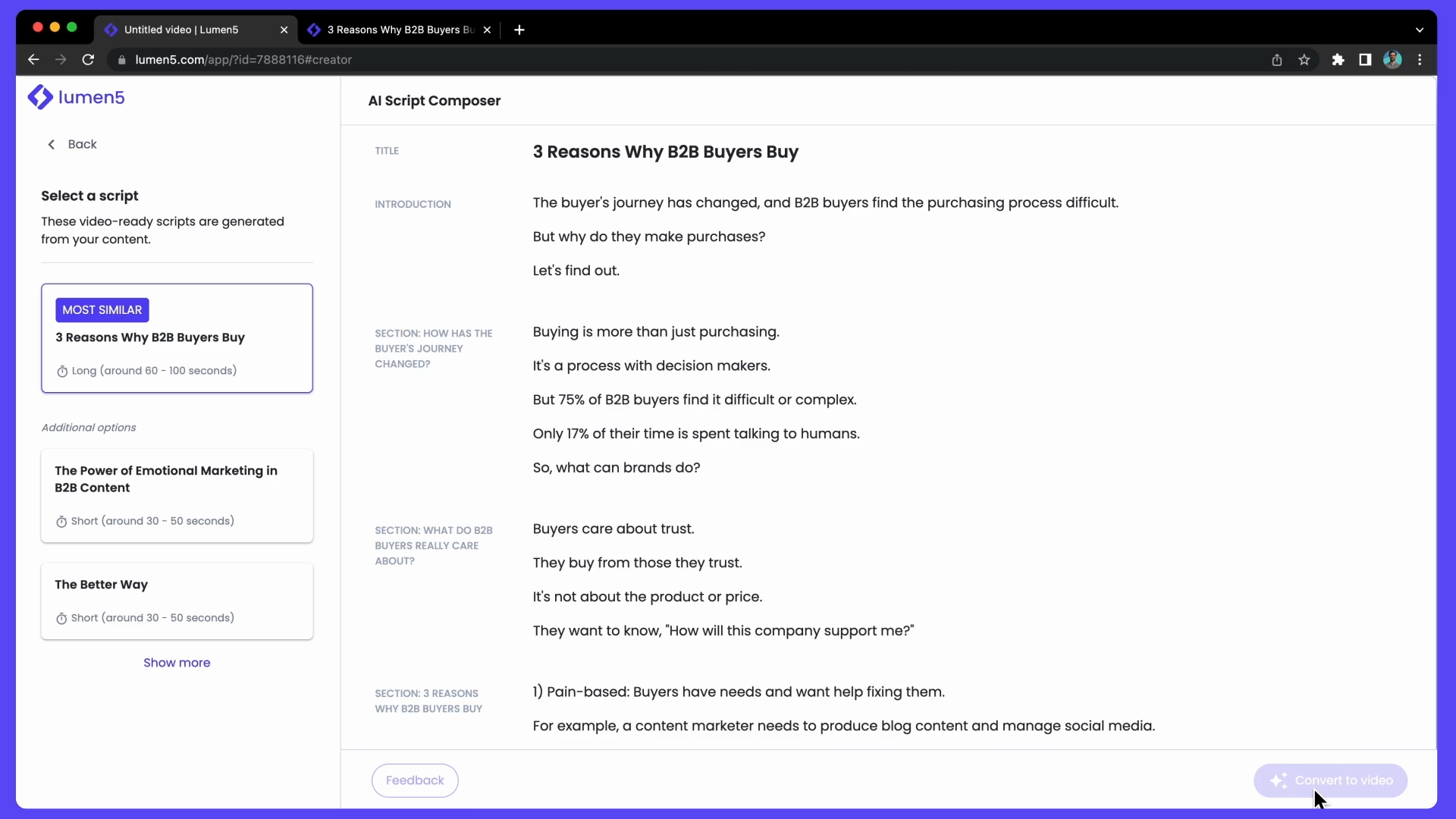 Lumen 5 creating video script from a blog post 